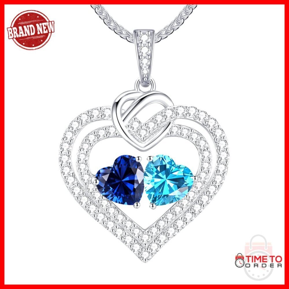 925 Sterling Silver Double Heart Birthstone Pendant Necklace Adjustable Chain